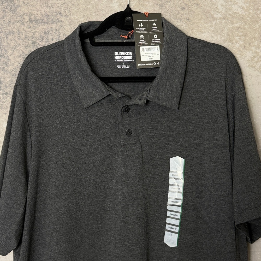 NWT Alaskan Hardgear Duluth Trading Renew Bamboo Polo Men's L Charcoal UPF 50